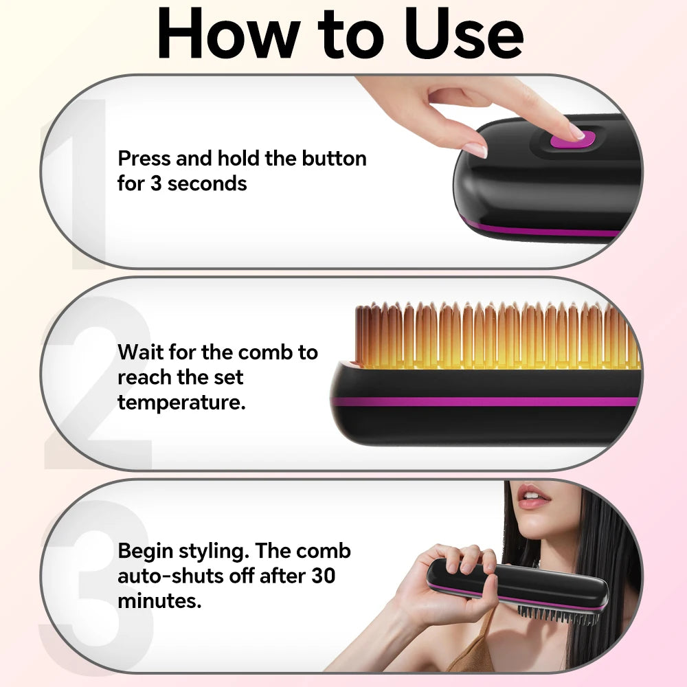 Step-by-step instructions showing how to use a black hair straightening brush for styling.