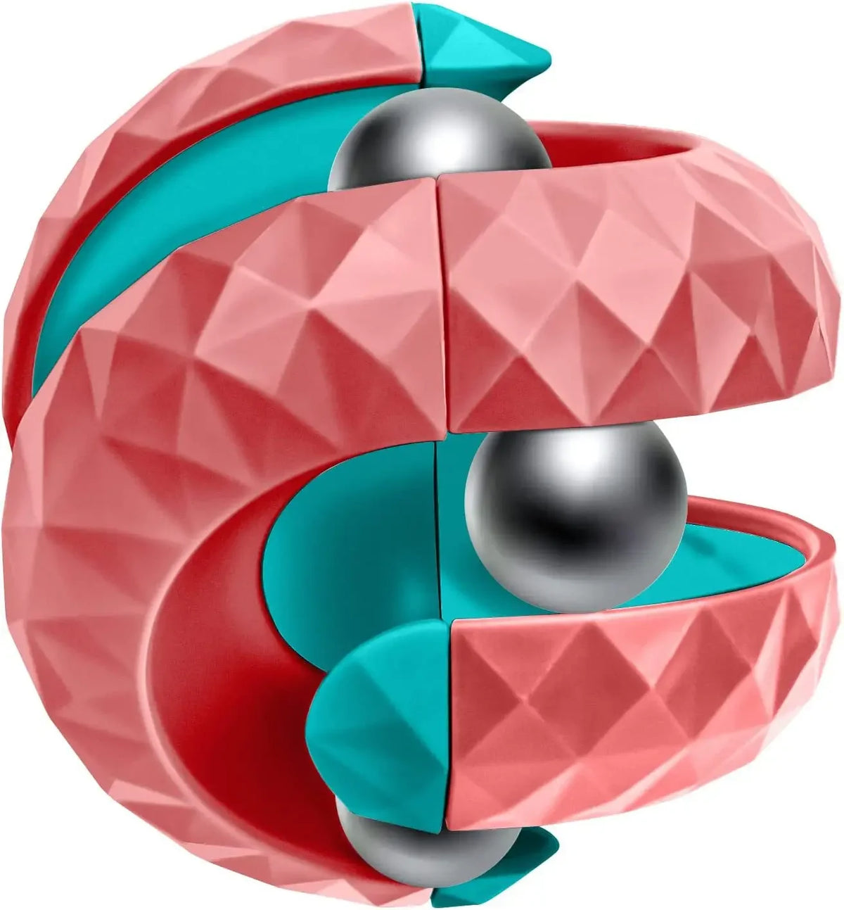 Nærbilde av en rosa og turkis fidget-kube med sølvkuler, som viser geometrisk design.