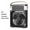 A black personal air cooler featuring a fan, humidifier, and light, with a gold-colored handle.