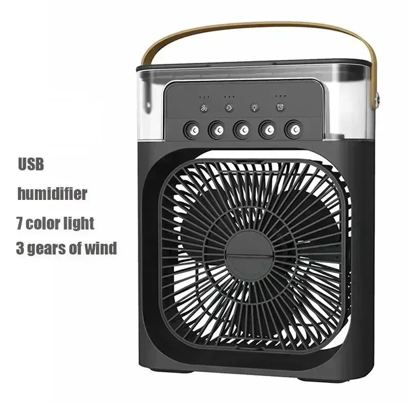 A black personal air cooler featuring a fan, humidifier, and light, with a gold-colored handle.