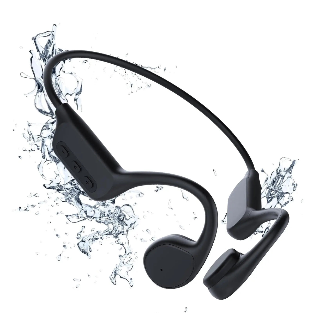 Black bone conduction sports headphones with a flexible wire surrounded by splashing water.