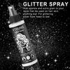 Botella de spray de purpurina YTRUNS para cuerpo, cabello y ropa, con etiqueta negra y plateada sobre fondo oscuro.