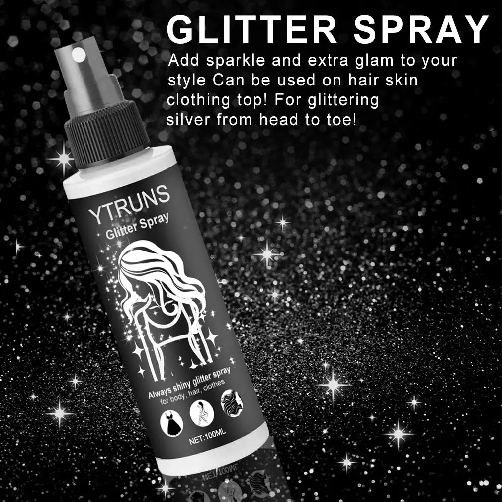 Botella de spray de purpurina YTRUNS para cuerpo, cabello y ropa, con etiqueta negra y plateada sobre fondo oscuro.