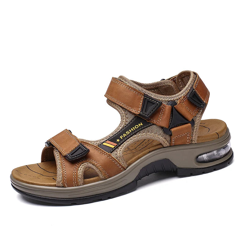 A pair of brown men's genuine leather air cushion sandals with black accents and a light gray sole.
