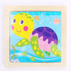 A wooden jigsaw puzzle featuring a colorful dinosaur, including a yellow and purple turtle, set in blue water with floating p