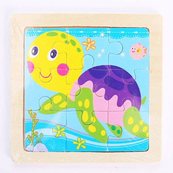 A wooden jigsaw puzzle featuring a colorful dinosaur, including a yellow and purple turtle, set in blue water with floating p