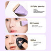 Step-by-step guide showing how to apply foundation using a professional flat brush and powder on the face.