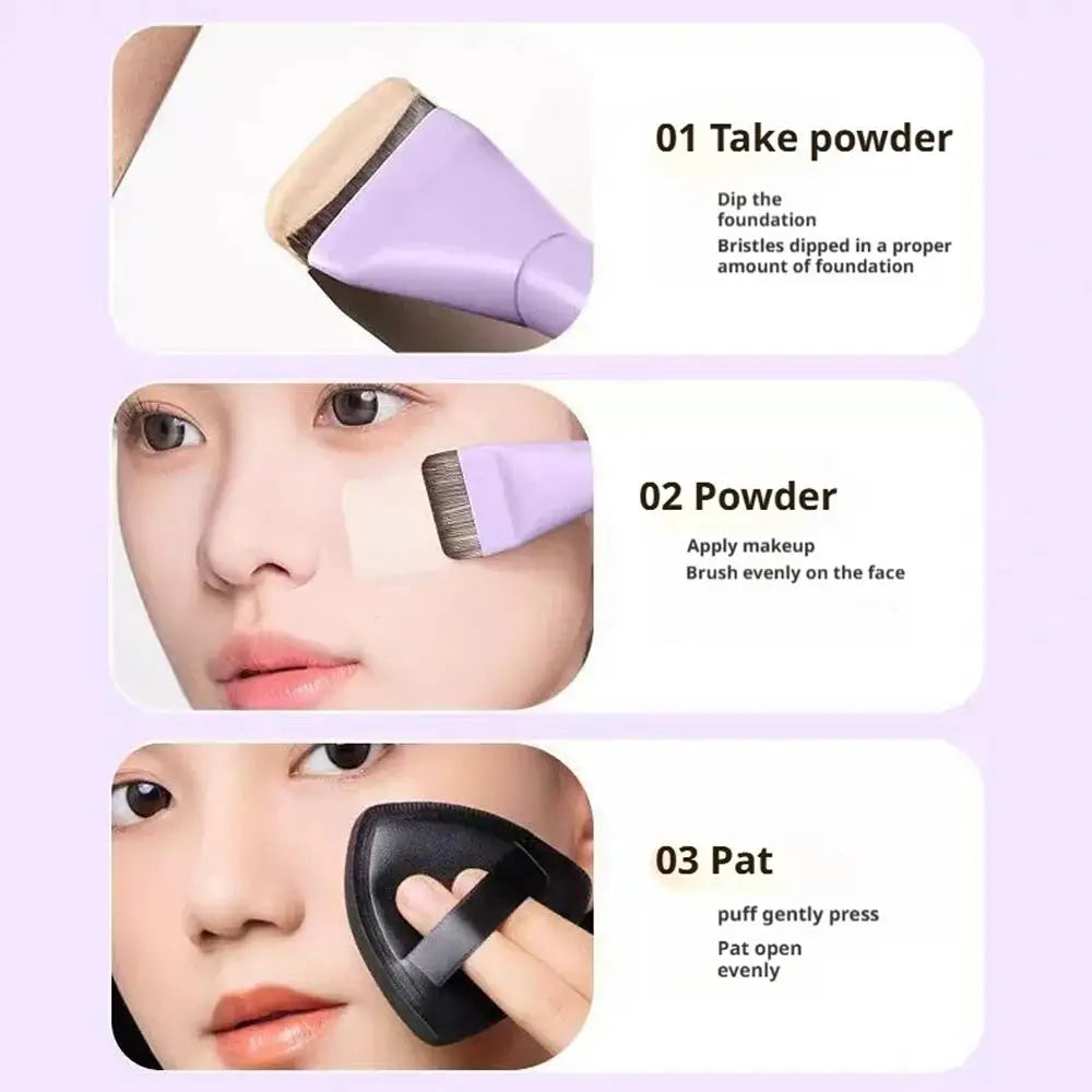 Step-by-step guide showing how to apply foundation using a professional flat brush and powder on the face.
