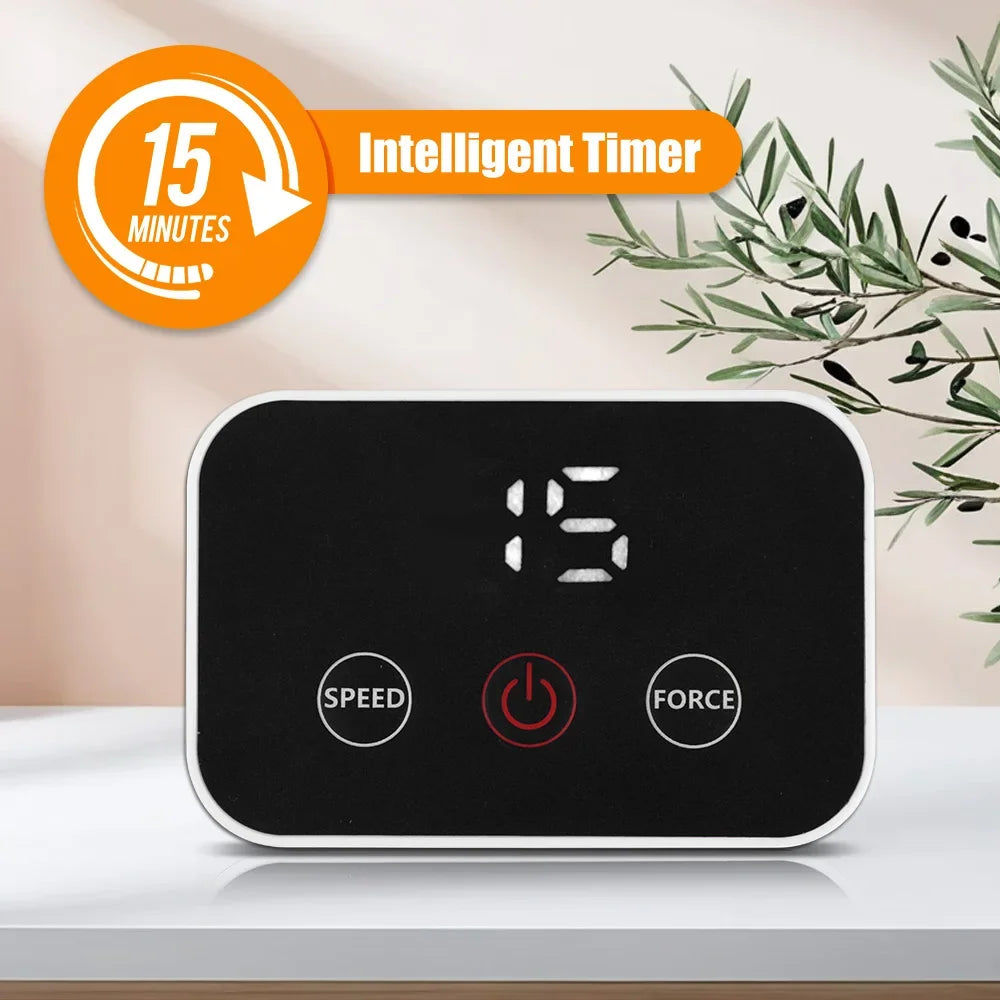 A black intelligent timer device displaying 15 minutes, with speed and force buttons, next to a green plant.