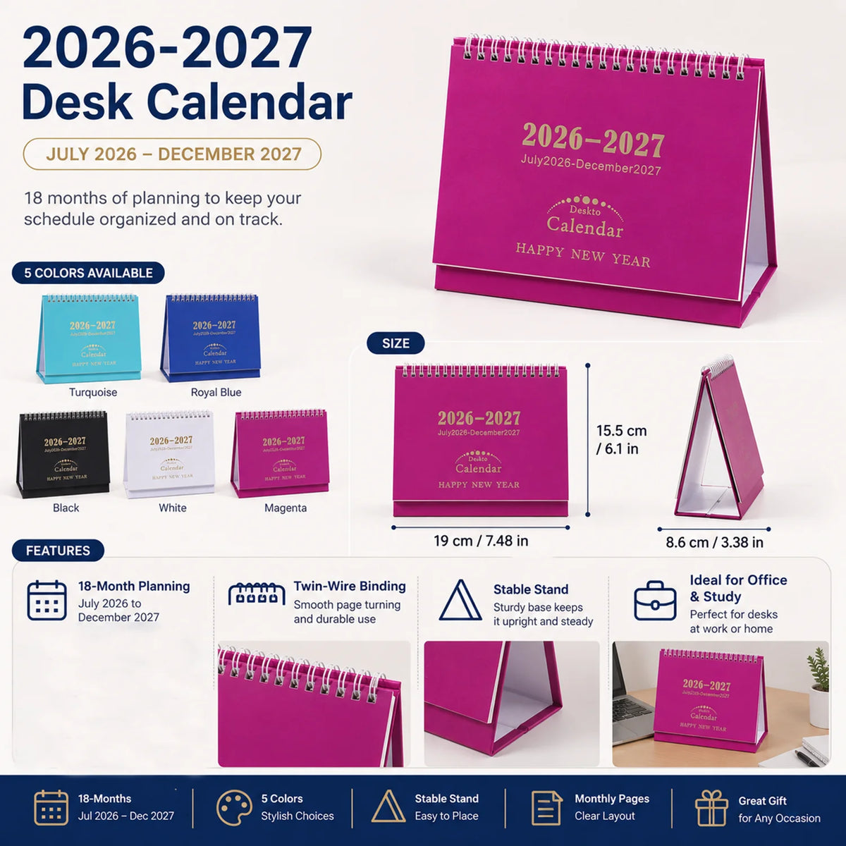 تقويم مكتبي وردي لعامي 2026-2027 مع حامل قابل للطي وخيارات ألوان متعددة