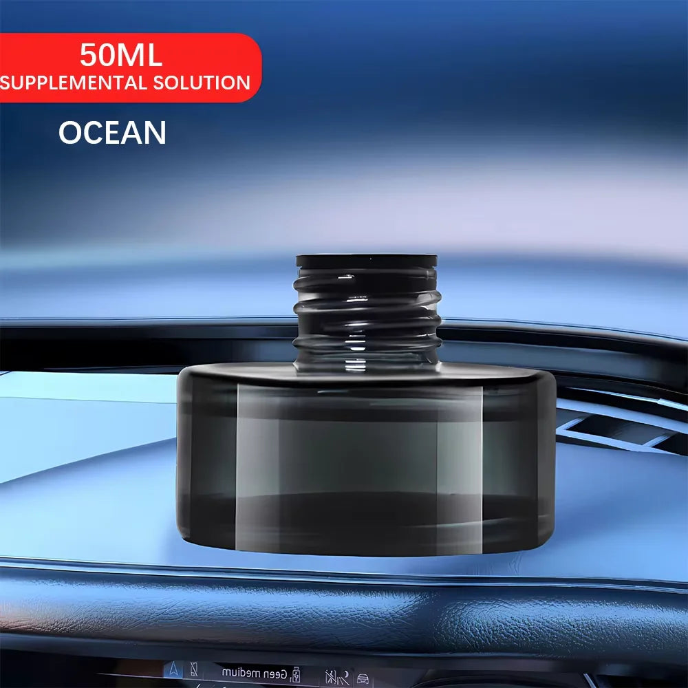 A 50ml Ocean supplemental solution bottle placed on a car dashboard.