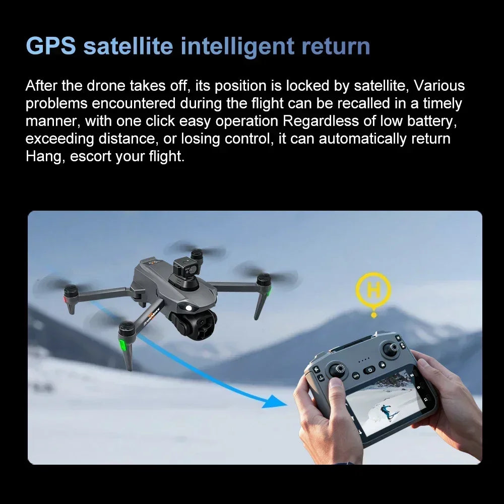 A hand holds a smartphone displaying a map, with a small drone flying in the background.