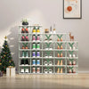 A white modular shoe rack organizer displaying various pairs of shoes in different colors and styles.