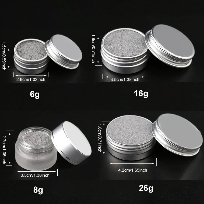 Ulike størrelser av loddejernspiss rengjøringspasta i sølvbokser, med vekter som 6g, 8g, 16g og 26g.