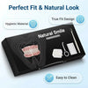 Storage box for complete denture care including a toothbrush and removal hook with features for a perfect fit and natural loo