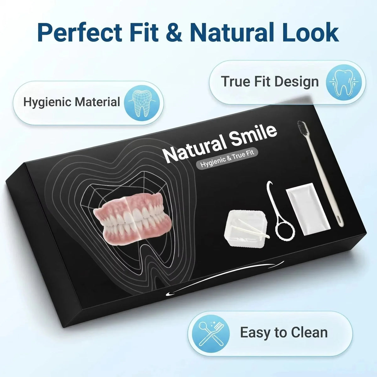 Storage box for complete denture care including a toothbrush and removal hook with features for a perfect fit and natural loo