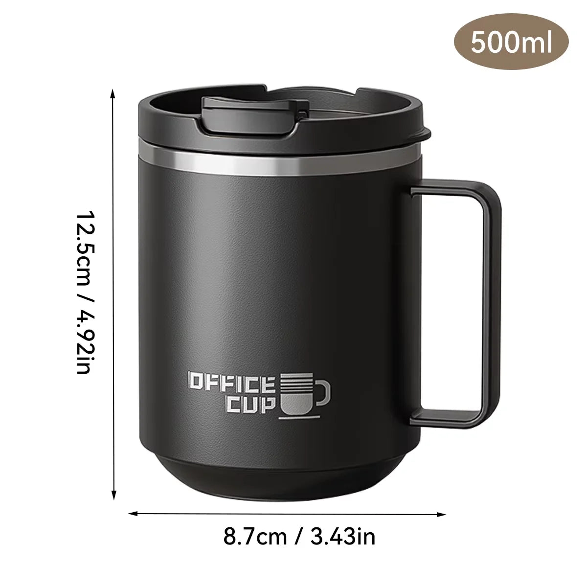 Black double wall insulated stainless steel travel mug with a handle and lid, 500ml capacity.
