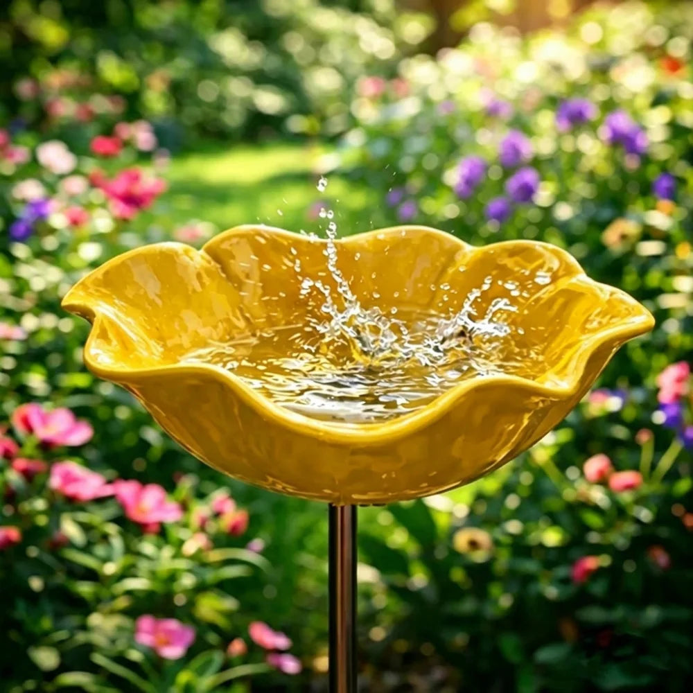 A yellow metal bird bath or flower garden stake is being filled with water in a lush garden setting.