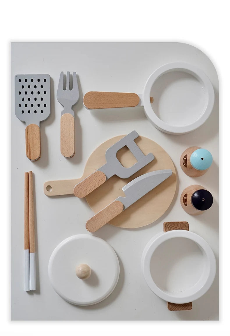 A wooden pretend play food cutting set for kids showing various wooden utensils and circular molds.