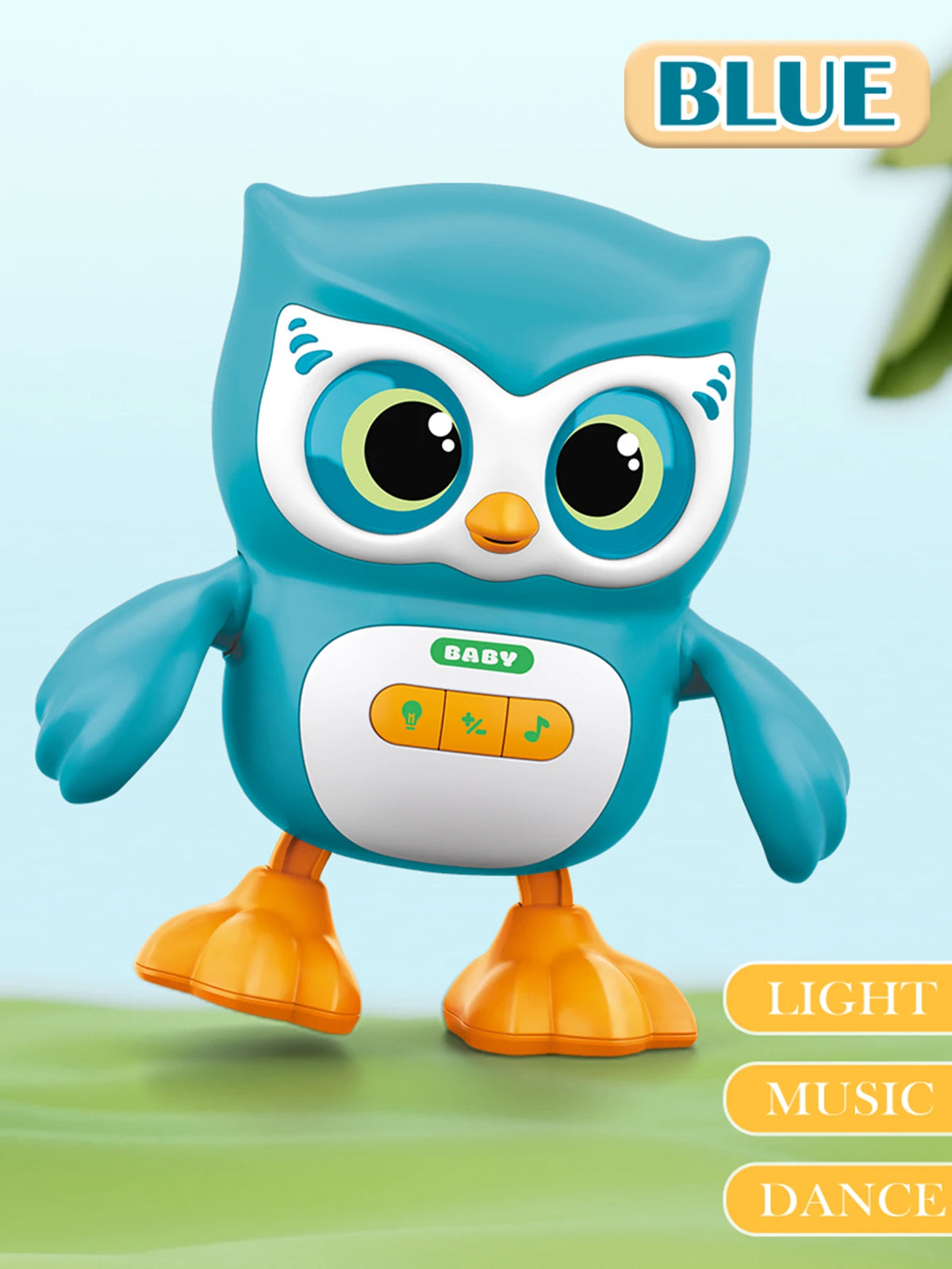 A blue owl toy with large eyes and an orange body is shown, labeled as a musical dancing toy.