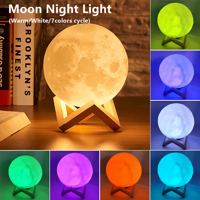 A collection of 3D moon LED night lights showing various colors including white, yellow, blue, purple, orange, and cyan glows