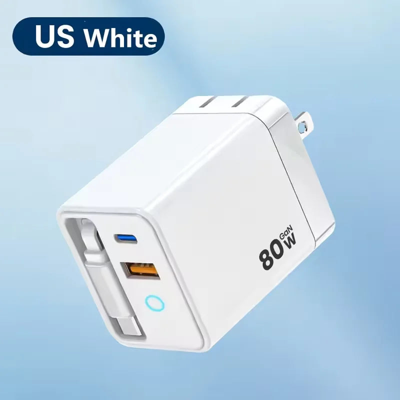 A white 80W USB-C fast charger with a retractable cable is shown against a light blue background.