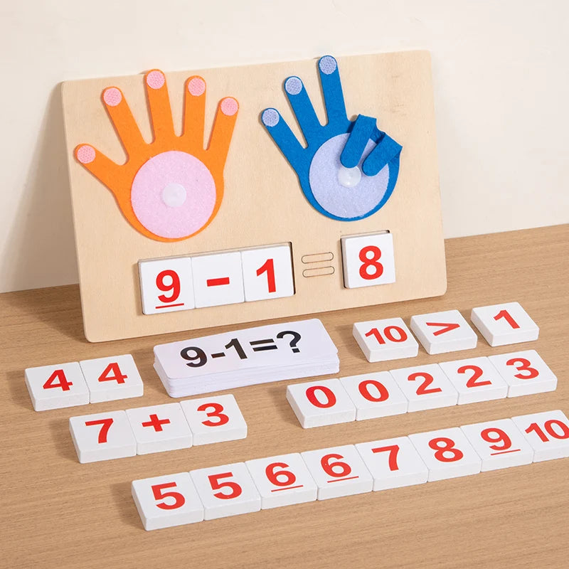 A wooden finger counting number learning toy showing handprints and mathematical equations like 9-1=8 and 9-1=?