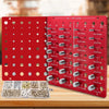 A red bolt and nut gauge with numbered threads is shown next to a plastic container of various bolts and nuts.