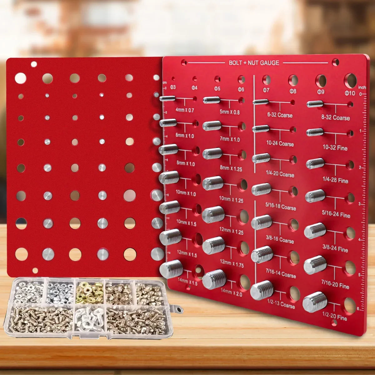 A red bolt and nut gauge with numbered threads is shown next to a plastic container of various bolts and nuts.