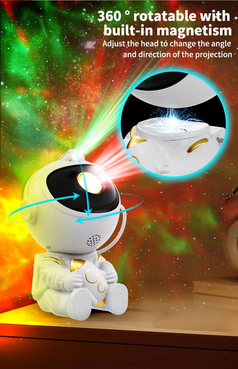 A white astronaut projector night light with a head that can be rotated to adjust the angle and direction of the galaxy proje