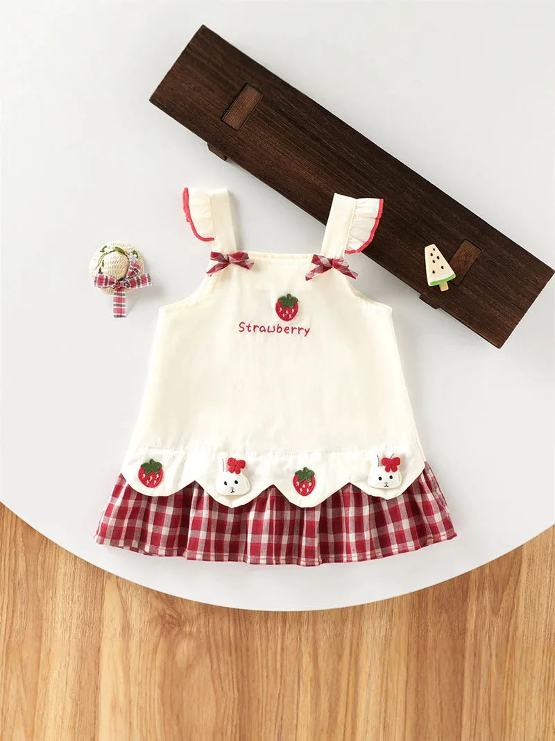 A white kids summer pinafore dress with strawberry and bunny print, featuring red trim and a plaid skirt.