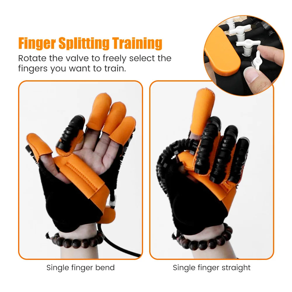 Orange and black rehabilitation gloves demonstrating single finger bend and straight positions for training.