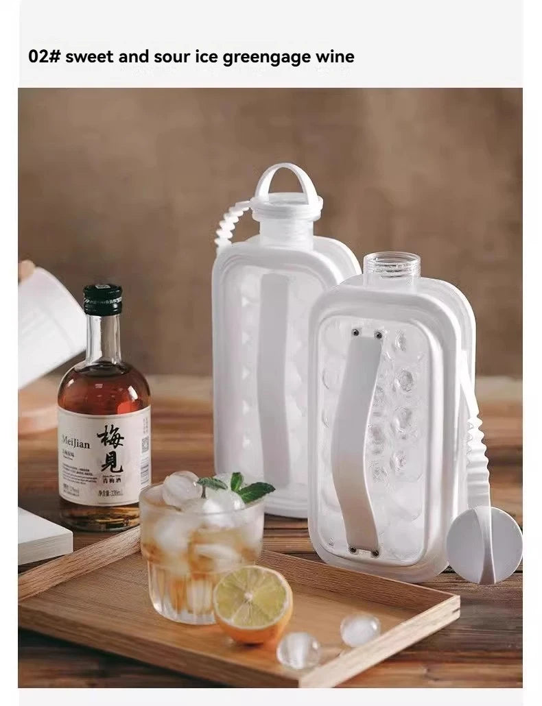 A clear plastic water bottle mold is shown next to a glass of iced drink and a wooden cutting board.