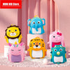 A collection of colorful 3D animal kids backpacks featuring an elephant, lion, tiger, and pink pig.