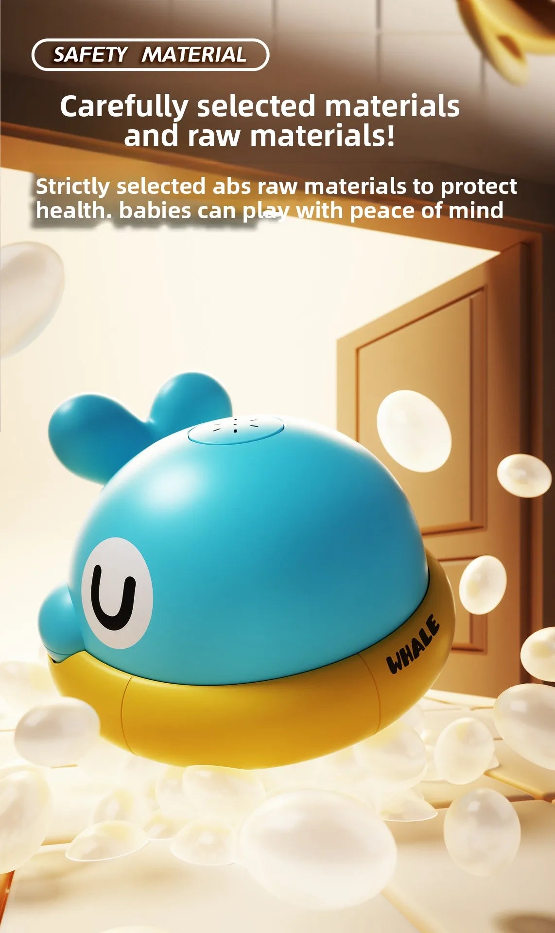 A blue whale-shaped bath toy with a spray feature is shown against a light background.