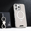 A light beige iPhone case with a rotating magnetic stand feature displayed next to its packaging.