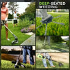 Close-up of a deep-seated weeding tool with a steel wire brush trimmer head being used in a grassy garden.