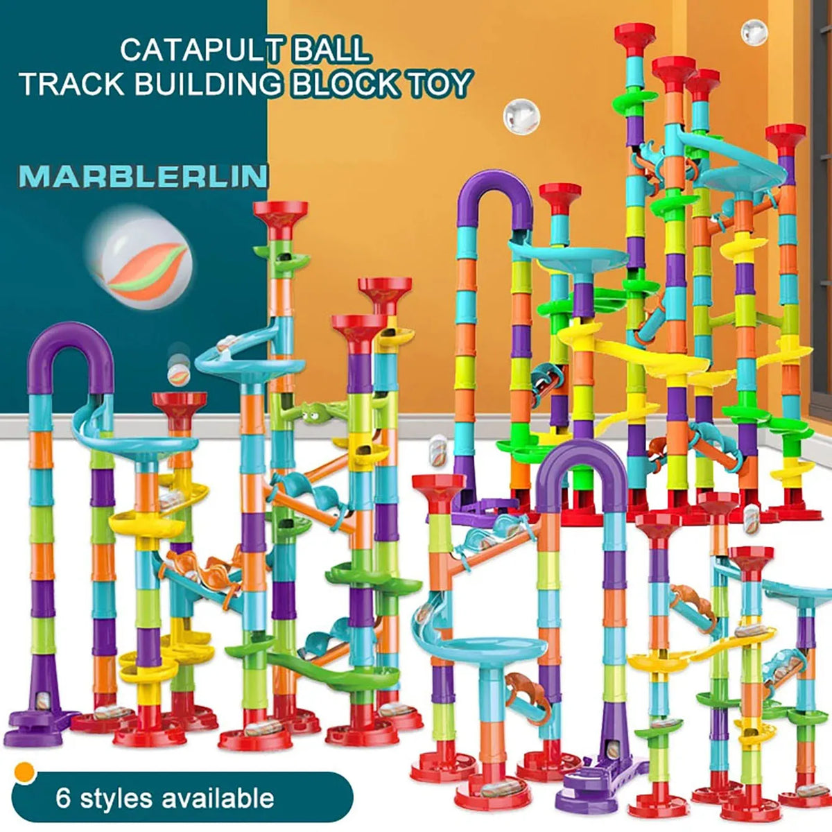A set of colorful catapult ball track building blocks with 6 styles available for kids.