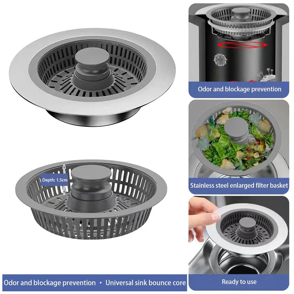A kitchen sink drain strainer with a pop-up stopper shown in various views and usage contexts.