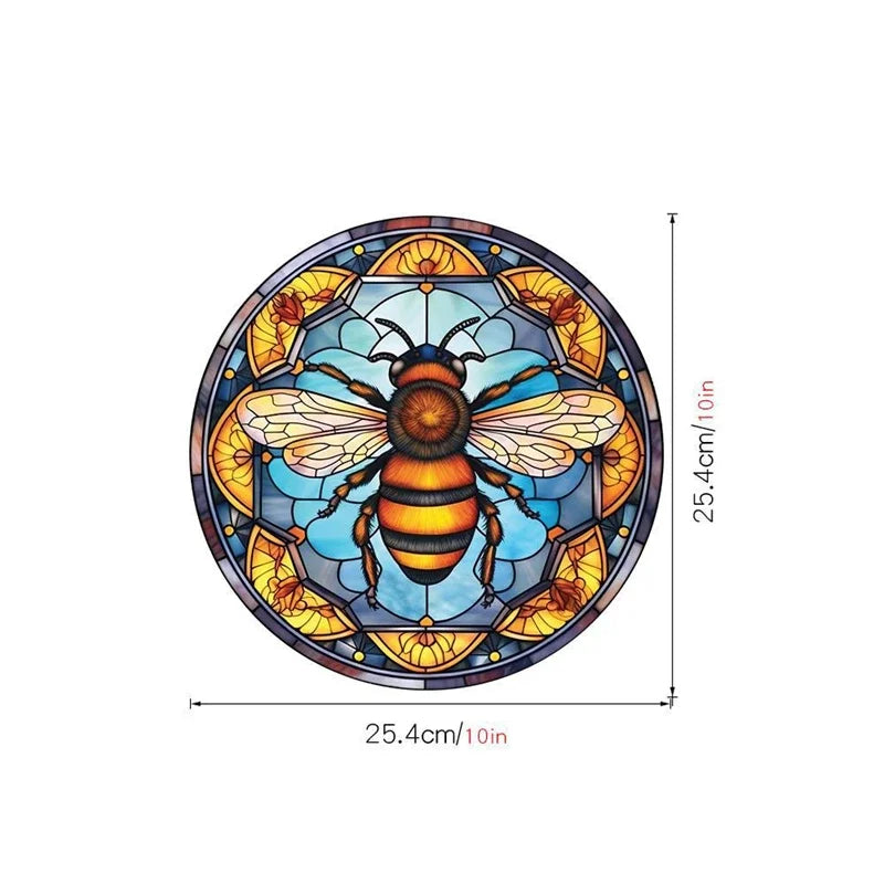 Dekaler för fönster med målat glas med kolibri och blommotiv på cirkulär bakgrund