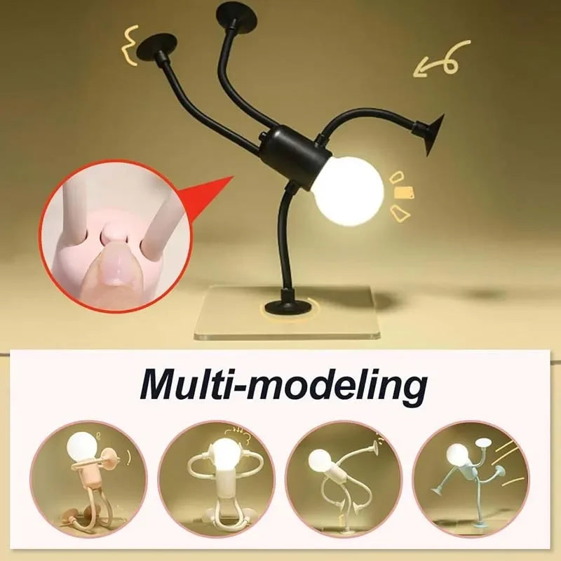 Luz nocturna negra flexible con bombilla esférica, mostrando capacidades de modelado múltiple.
