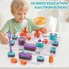 A child is assembling science education blocks, including various colored electronic components and a white smoke effect.