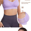 A purple sports bra is shown being removed from a model, demonstrating the removable cup feature.