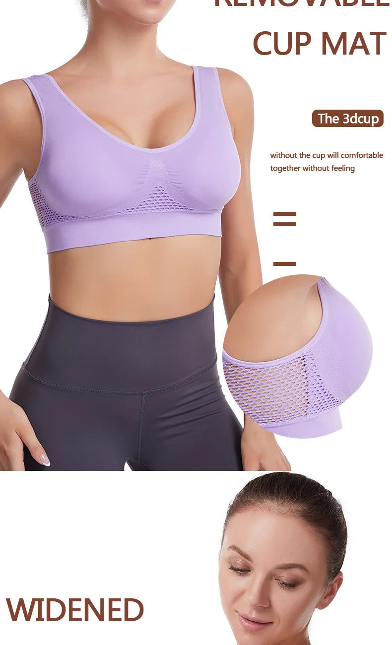 A purple sports bra is shown being removed from a model, demonstrating the removable cup feature.