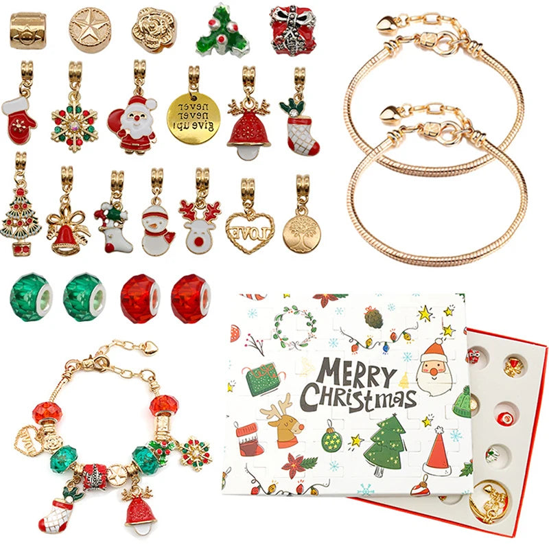 A collection of charm bracelets and ornaments for a 24-day Christmas countdown advent calendar.