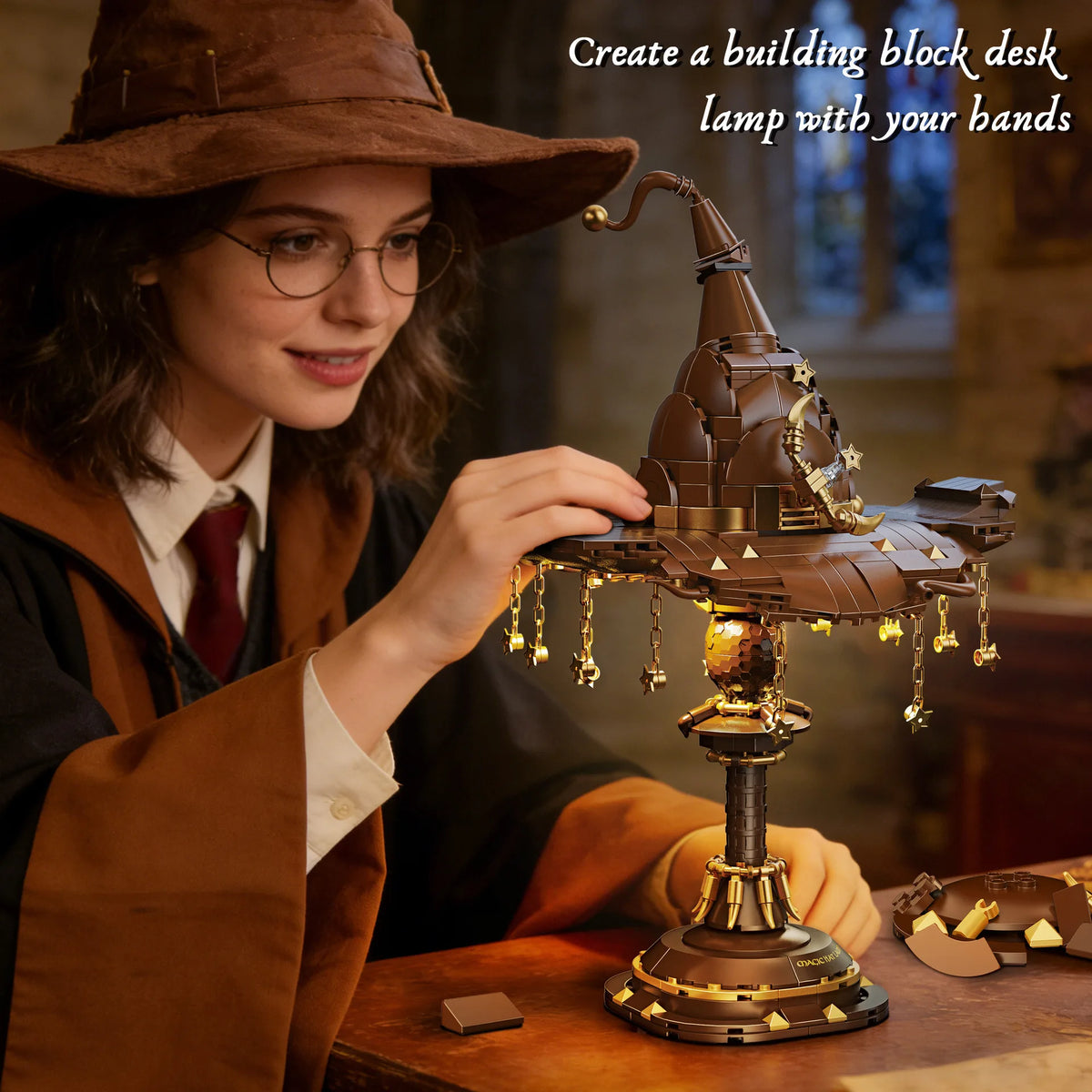 A woman is creating a building block desk lamp with her hands using a sculpture set.
