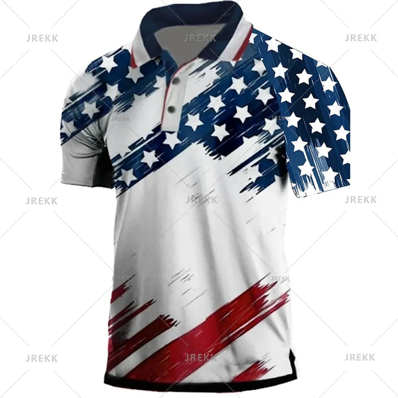 Herre vintage amerikansk flagg-poloskjorte med patriotisk stjerner- og stripemønster.