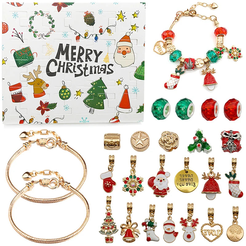 A collection of charm bracelets and a Christmas countdown calendar featuring festive designs.