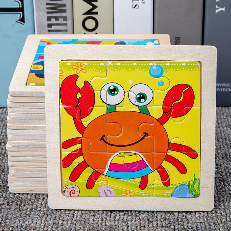 A wooden 3D dinosaur puzzle set featuring an orange, smiling dinosaur with red claws and eyes.