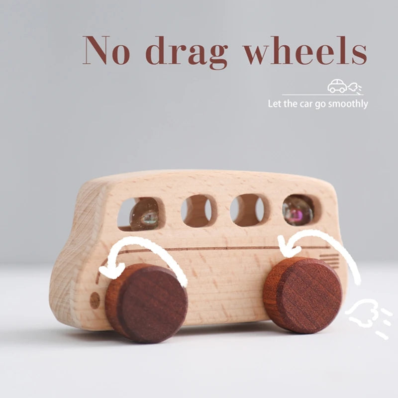 A wooden toy car with no drag wheels, designed to let the car go smoothly.